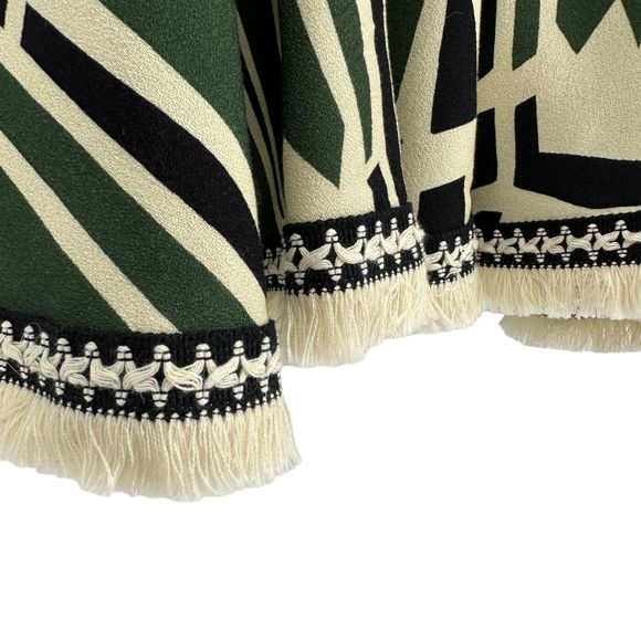 PatBO Dress Size 0 V-Neck Fit Flare Fringe Trim Emerald Green Ivory Print - Picture 10 of 16